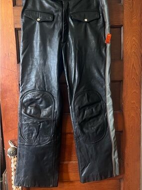 Vintage Tour Lion by Rex Marsee Black Leather Riding Pants with Gray Side Stripe